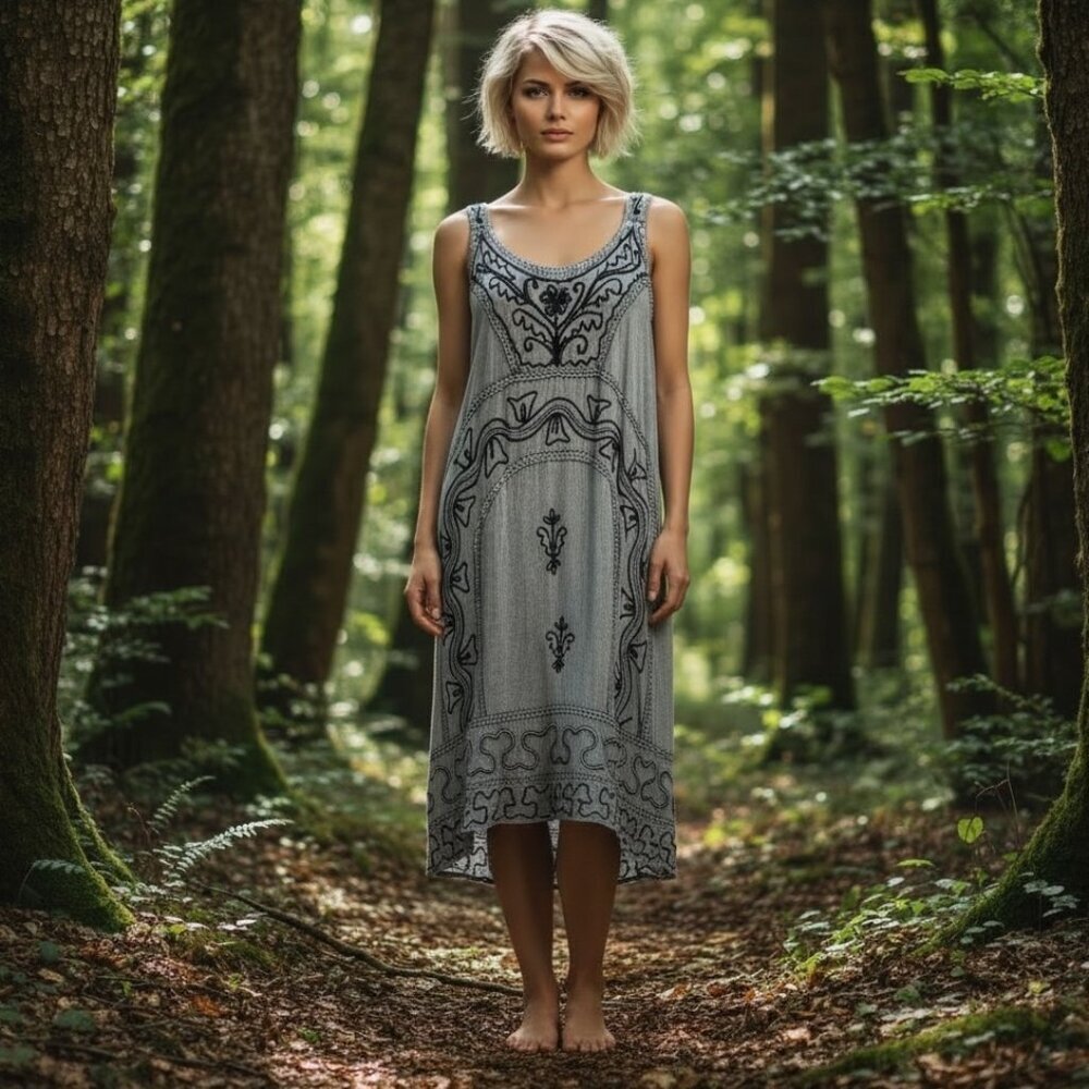 Rhea Gray Embroidered Boho Midi Dress Rayon Flowy Artisan One Size